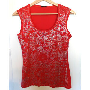 Vintage Y2K Tahari Tank Top Small Coral Metallic Foil Pima Fairy Babydoll Tee
